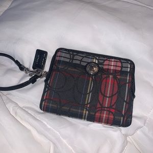 Navy and Red Poppy Plaid Coach Wristlet
